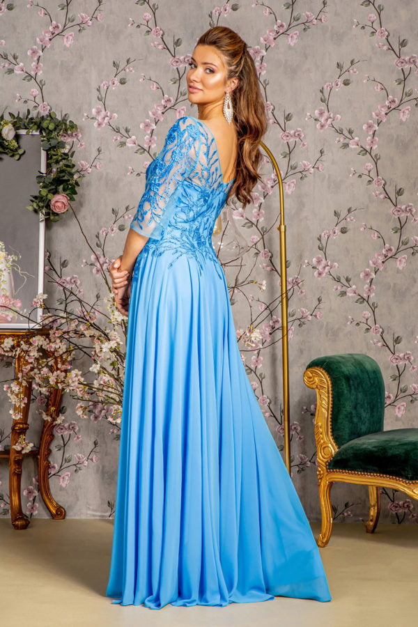 Bead Embroidery Sheer Neckline V-back Chiffon A-line Long Dress-3
